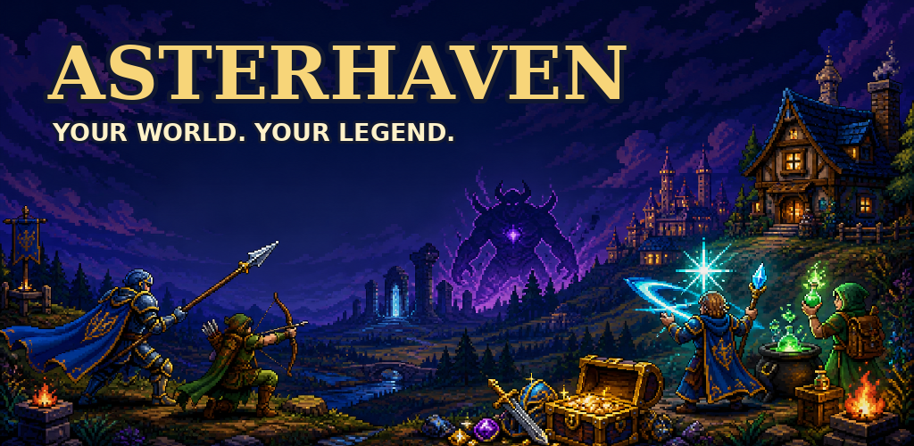 Adventurers exploring the pixel-art world of Asterhaven
